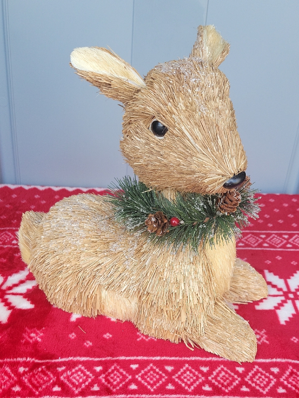Pier 1 Natural Straw Reindeer with Pinecone and Green Wreath